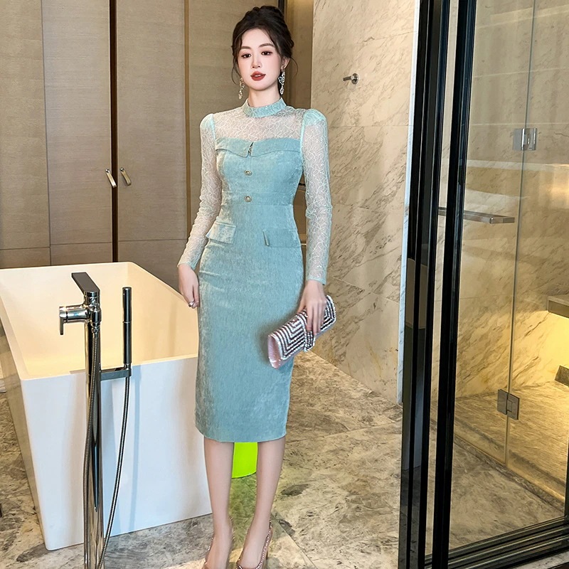 秋冬 ファッション長袖 ドレス ベルベット チュールドッキング スリム ワンピース キャバ 卒業式 結婚式 ウェディング 二次会 パーティードレス ワンピース