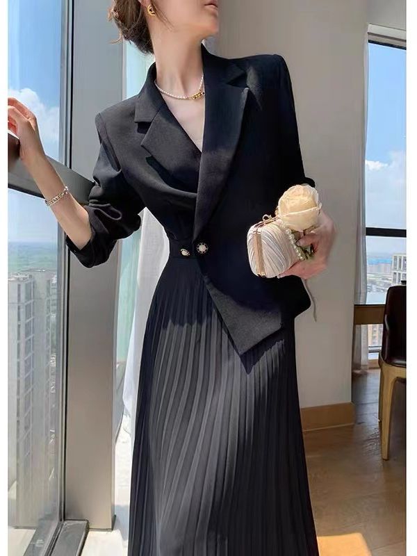 2024新作ワンピース スーツ ウエスト引き締め プリーツ 韓国 ワンピース フェイクレイヤード ドレス パーティードレセット アップス ロングワンピース 卒業式 ママ スーツ 入学式 ママ ス FZ