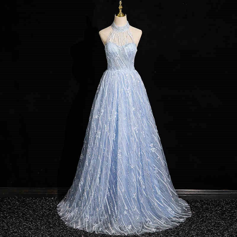 カラードレス ロングドレス パーティードレス 水色 ブルー ハイネック アメリカンスリーブ スパンコール ホルターネック ウェディングドレス ウエディングドレス 結婚式 二次会 花嫁 前撮り 演奏会