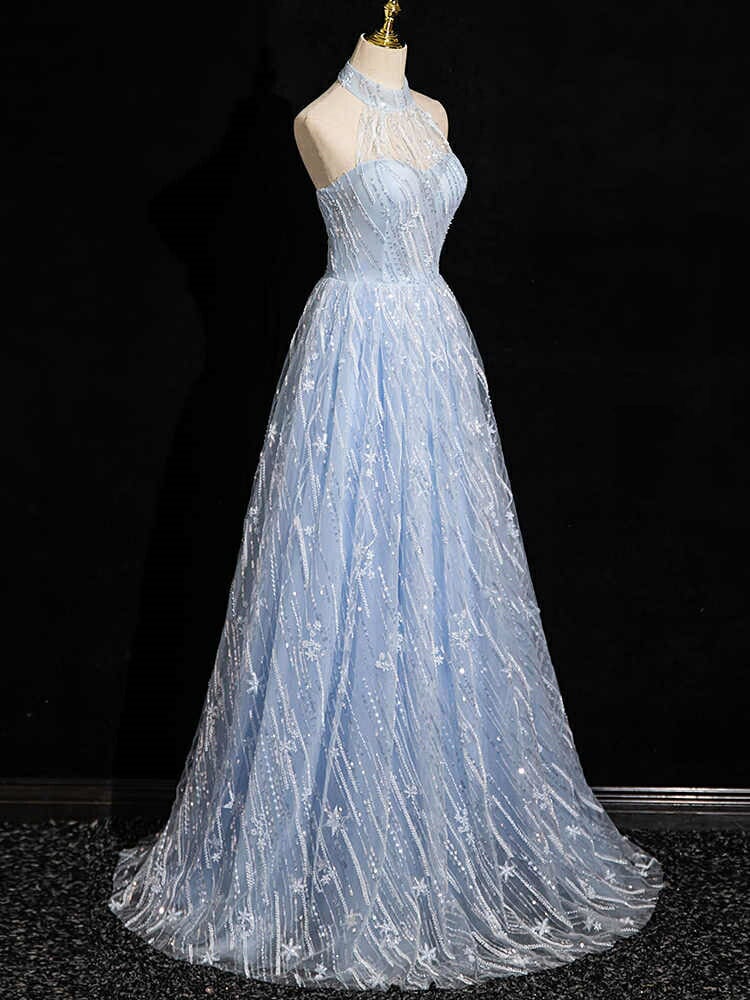 カラードレス ロングドレス パーティードレス 水色 ブルー ハイネック アメリカンスリーブ スパンコール ホルターネック ウェディングドレス ウエディングドレス 結婚式 二次会 花嫁 前撮り 演奏会