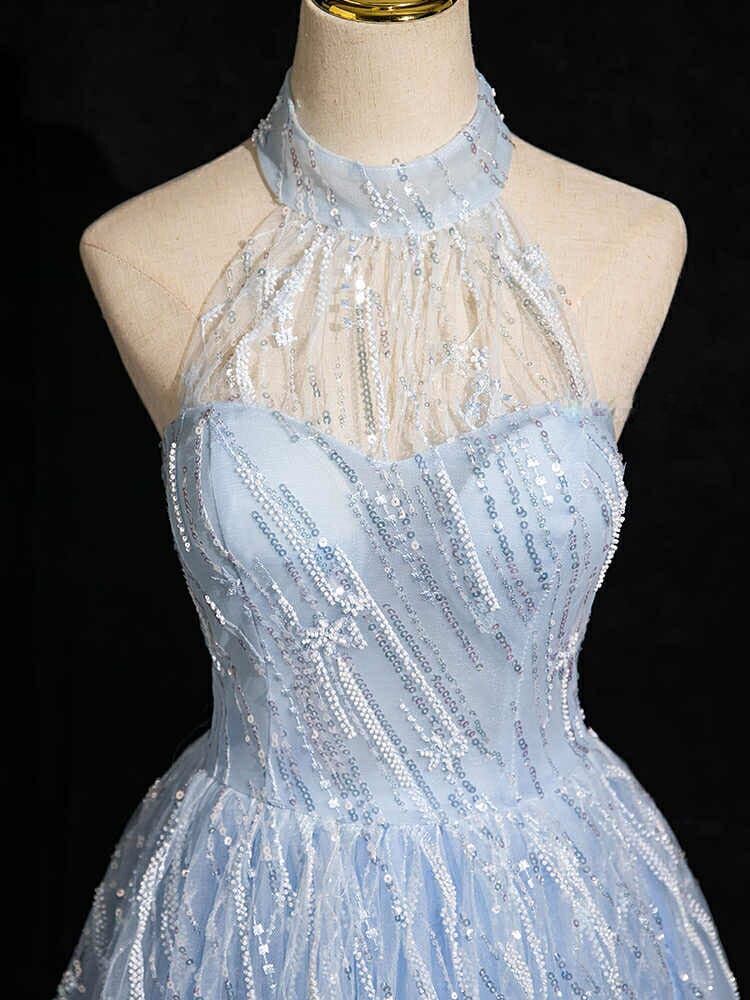 カラードレス ロングドレス パーティードレス 水色 ブルー ハイネック アメリカンスリーブ スパンコール ホルターネック ウェディングドレス ウエディングドレス 結婚式 二次会 花嫁 前撮り 演奏会