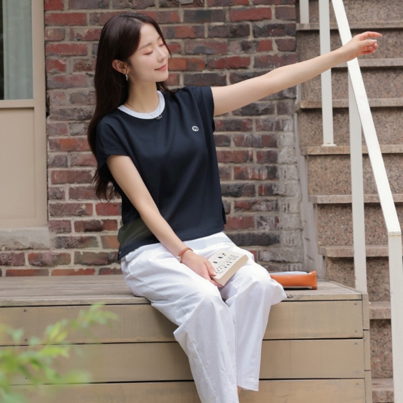 Click & Funny ザハートエンブロイダリーキャップスリーブ T シャツ