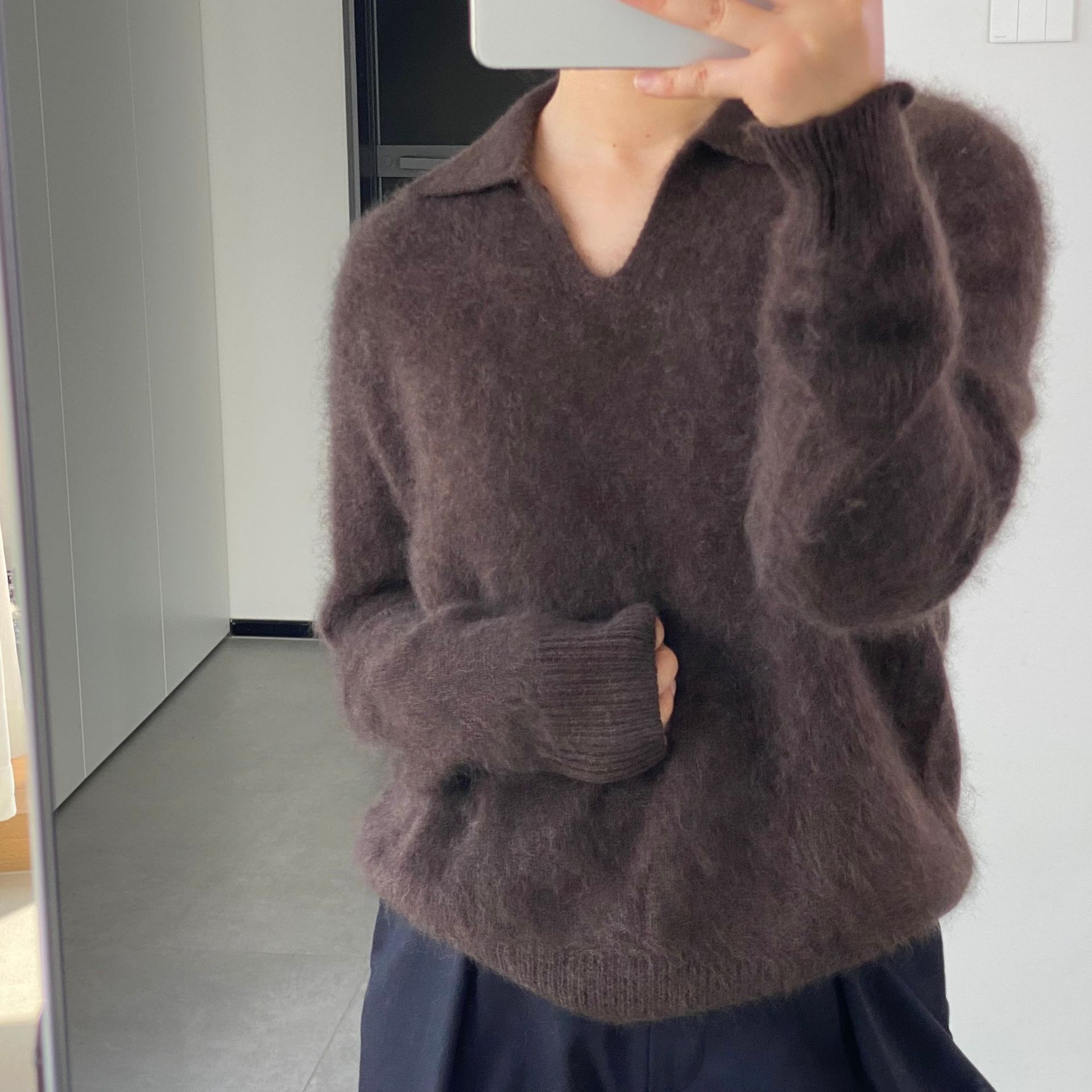 ピュアウール起毛ラペルセーターレディースインポートウォッシュ起毛長袖poシャツc9116 ピュアウール起毛ラペルセーターレディースインポートウォッシュ起毛長袖poシャツc9116