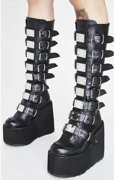 Womens Metal Button Chunky Thigh High Boots Knee High Martin Long Boots Tall Boots Black High Heels Womens Metal Button Chunky Thigh High Boots Knee High Martin Long Boots Tall Boots Black High Heels