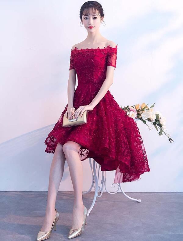 6サイズ 4カラーオフショルダードレス ミモレ丈 膝丈 前短後長 編上げタイプ ブラックドレス レースドレス スレンダーライン パーティードレス ワンピース 結婚式 イレギュラーヘム 30代 20代