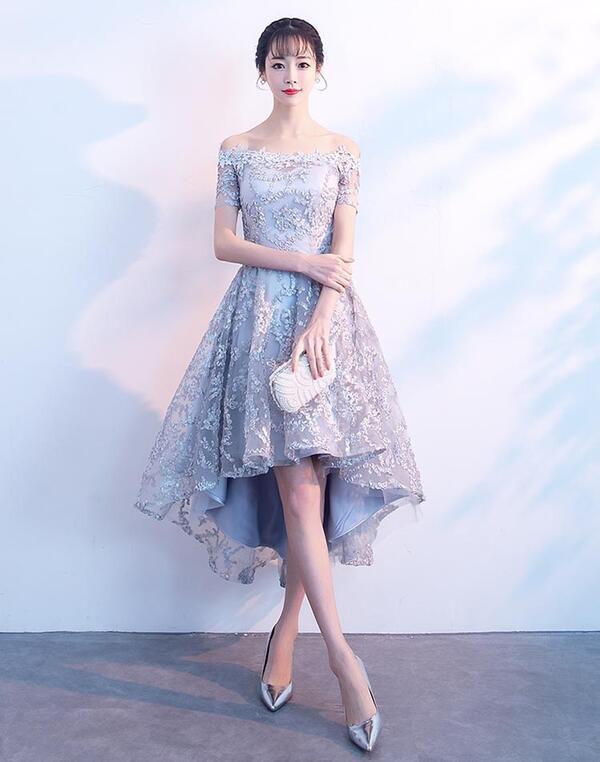 6サイズ 4カラーオフショルダードレス ミモレ丈 膝丈 前短後長 編上げタイプ ブラックドレス レースドレス スレンダーライン パーティードレス ワンピース 結婚式 イレギュラーヘム 30代 20代