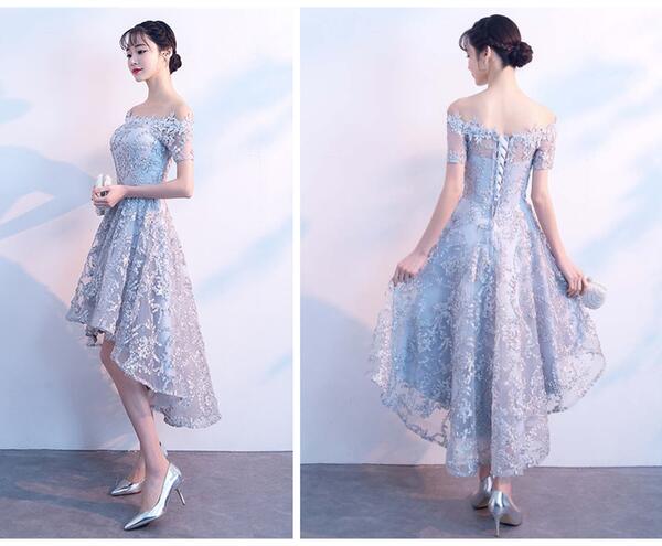 6サイズ 4カラーオフショルダードレス ミモレ丈 膝丈 前短後長 編上げタイプ ブラックドレス レースドレス スレンダーライン パーティードレス ワンピース 結婚式 イレギュラーヘム 30代 20代