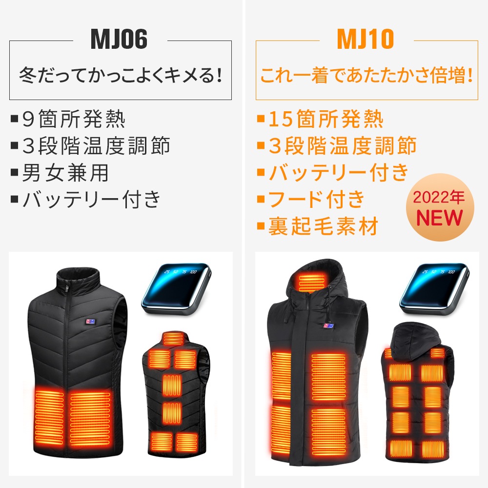 電熱ベスト MJ10 裏起毛 15つヒーター ヒーターベスト バッテリー給電 3段温度調整 電熱ジャケット 水洗い可能 usb加熱 男女兼用 防寒ベスト モバイルバッテリー付き