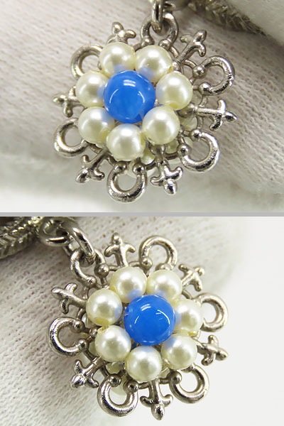 ほぼ新品シャネルココマークカラーストーンパールスイングピアスシルバーブルーパールカラーストーンフェイクパールA86111