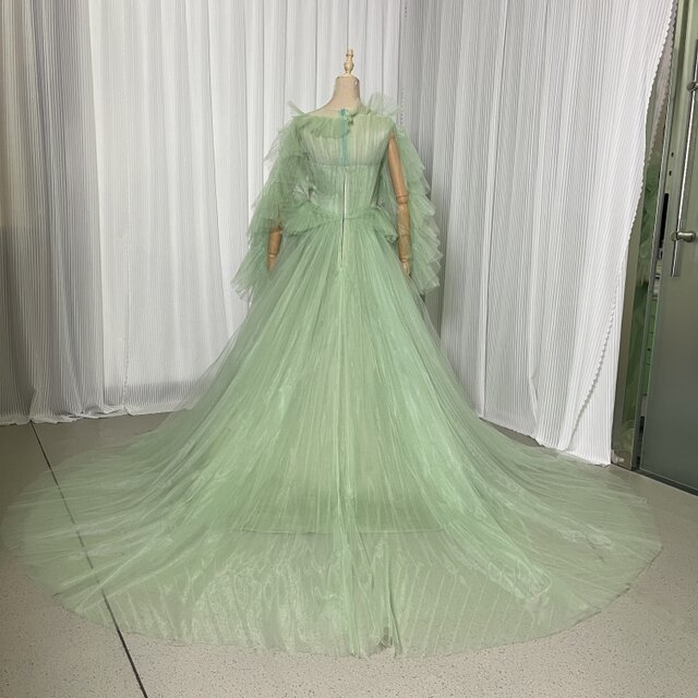 カラードレス ミントグリーンドレス ロングスリーブ ファスナー シワ 花嫁 レイヤードドレス 華やかなトレーン カラードレス ミントグリーンドレス ロングスリーブ ファスナー シワ 花嫁 レイヤードドレス 華やかなトレーン