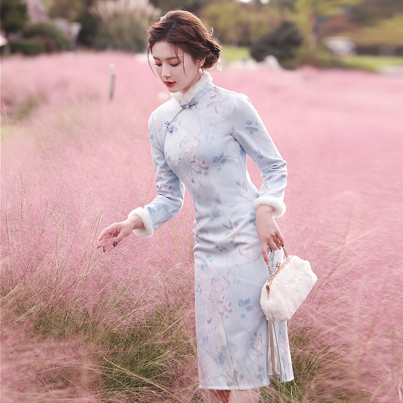 2025 秋と冬の新スタイル Manli ベルベット肥厚ロング長袖毛皮の襟スリムフィット日常文学スタイルのチャイナドレス