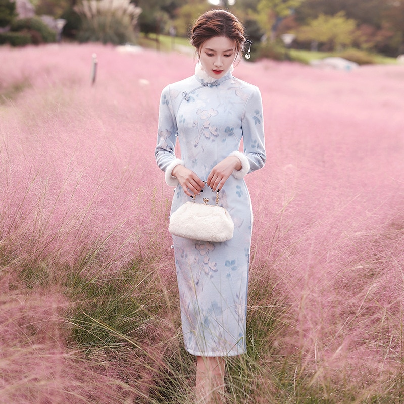 2025 秋と冬の新スタイル Manli ベルベット肥厚ロング長袖毛皮の襟スリムフィット日常文学スタイルのチャイナドレス