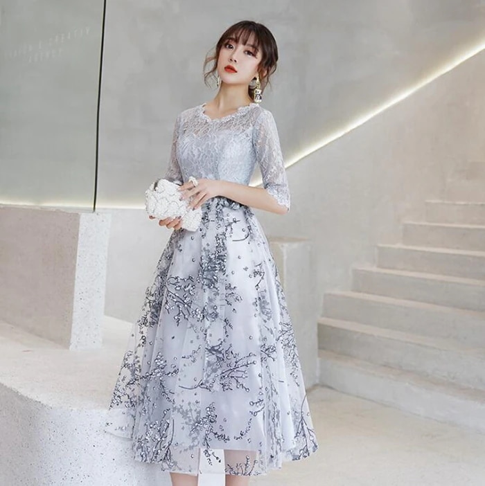 あす楽 パーティードレス 結婚式 ワンピース パーティドレス ミモレ丈 花柄　刺繍 ウェディングドレス ウエディング ドレス 二次会 花嫁 ブライズメイド お呼ばれ ワンピース 袖 ミモレ丈 結婚式