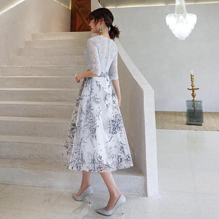 あす楽 パーティードレス 結婚式 ワンピース パーティドレス ミモレ丈 花柄　刺繍 ウェディングドレス ウエディング ドレス 二次会 花嫁 ブライズメイド お呼ばれ ワンピース 袖 ミモレ丈 結婚式