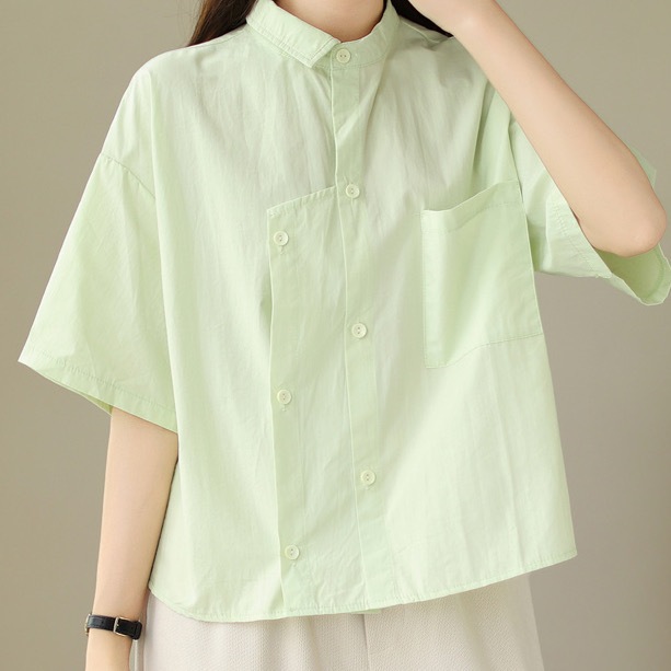 レディース トップス シャツ 前開き レギュラー丈 半袖 襟付き スタンドカラー ポロカラー ワイド ストレート アシンメトリー 左右 切り替え ポケット ボタン 綿 コットン シンプル カジュアル