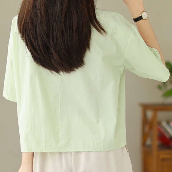 レディース トップス シャツ 前開き レギュラー丈 半袖 襟付き スタンドカラー ポロカラー ワイド ストレート アシンメトリー 左右 切り替え ポケット ボタン 綿 コットン シンプル カジュアル