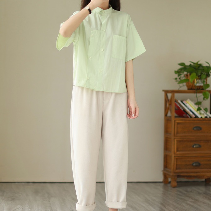 レディース トップス シャツ 前開き レギュラー丈 半袖 襟付き スタンドカラー ポロカラー ワイド ストレート アシンメトリー 左右 切り替え ポケット ボタン 綿 コットン シンプル カジュアル