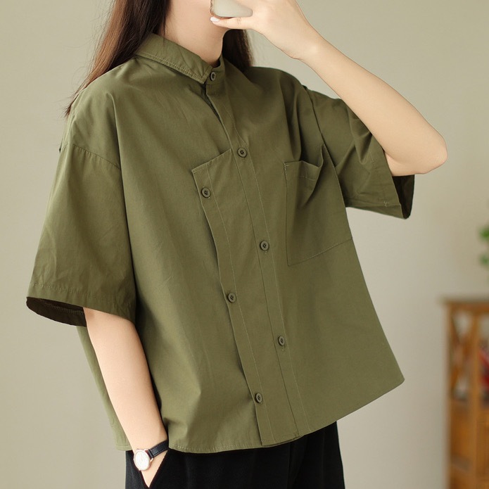 レディース トップス シャツ 前開き レギュラー丈 半袖 襟付き スタンドカラー ポロカラー ワイド ストレート アシンメトリー 左右 切り替え ポケット ボタン 綿 コットン シンプル カジュアル