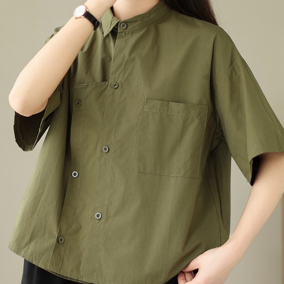 レディース トップス シャツ 前開き レギュラー丈 半袖 襟付き スタンドカラー ポロカラー ワイド ストレート アシンメトリー 左右 切り替え ポケット ボタン 綿 コットン シンプル カジュアル