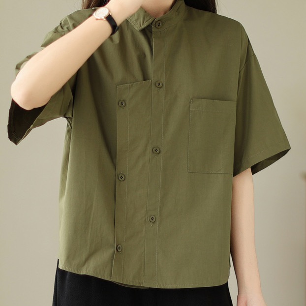 レディース トップス シャツ 前開き レギュラー丈 半袖 襟付き スタンドカラー ポロカラー ワイド ストレート アシンメトリー 左右 切り替え ポケット ボタン 綿 コットン シンプル カジュアル