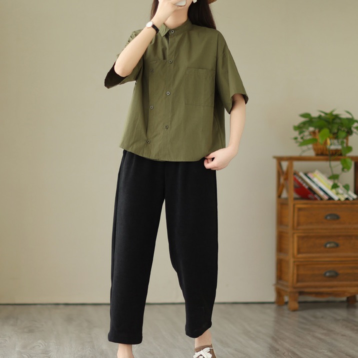 レディース トップス シャツ 前開き レギュラー丈 半袖 襟付き スタンドカラー ポロカラー ワイド ストレート アシンメトリー 左右 切り替え ポケット ボタン 綿 コットン シンプル カジュアル