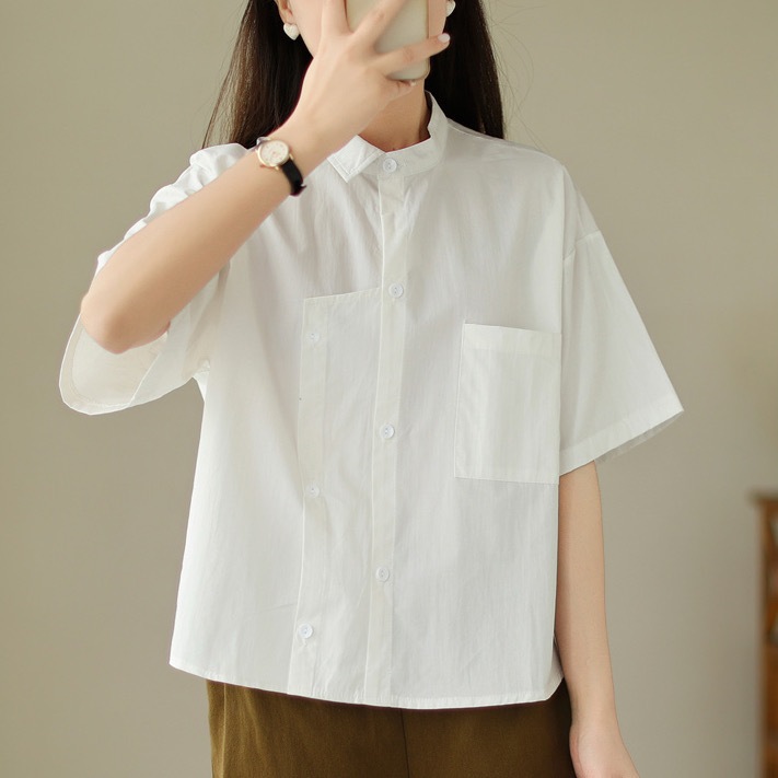 レディース トップス シャツ 前開き レギュラー丈 半袖 襟付き スタンドカラー ポロカラー ワイド ストレート アシンメトリー 左右 切り替え ポケット ボタン 綿 コットン シンプル カジュアル