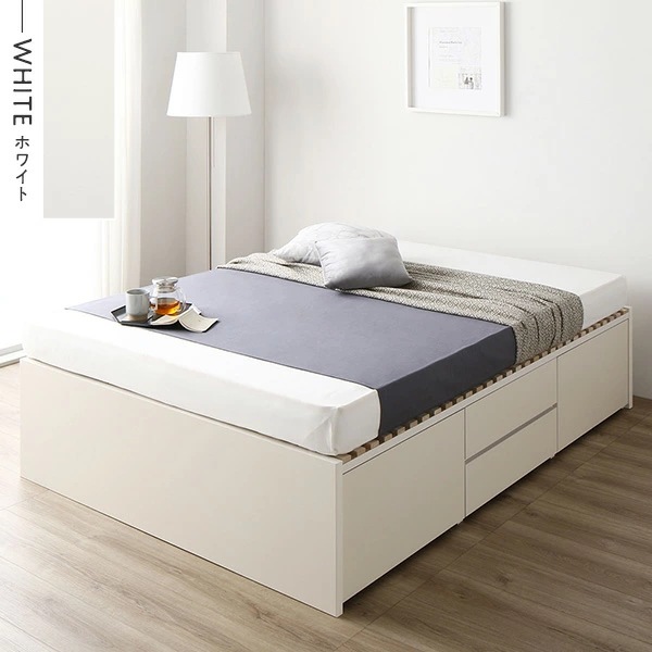 [お客様組立]収納ベッド ダブル 国産薄型ポケットコイルマットレス付 ホワイト ABB