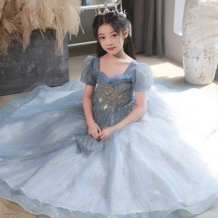 子供ドレス ブルー 星柄 ピアノ発表会ドレス ロングドレス 刺繡花柄 ピンク パフスリーブ 女児ドレス 可愛い 子どもドレス 演奏会ドレス フォーマル キッズドレス 100~170cm