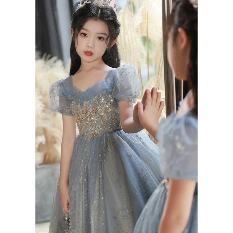 子供ドレス ブルー 星柄 ピアノ発表会ドレス ロングドレス 刺繡花柄 ピンク パフスリーブ 女児ドレス 可愛い 子どもドレス 演奏会ドレス フォーマル キッズドレス 100~170cm