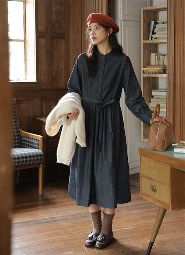 Qoo10] デニム ワンピース レディース ギャザー