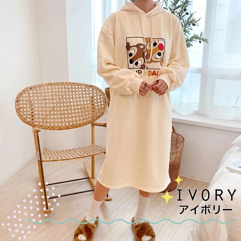 ディズニー パーカーワンピース チップ 数量限定 デール レディース 裏起毛 フード付き ディズニー韓 韓国製