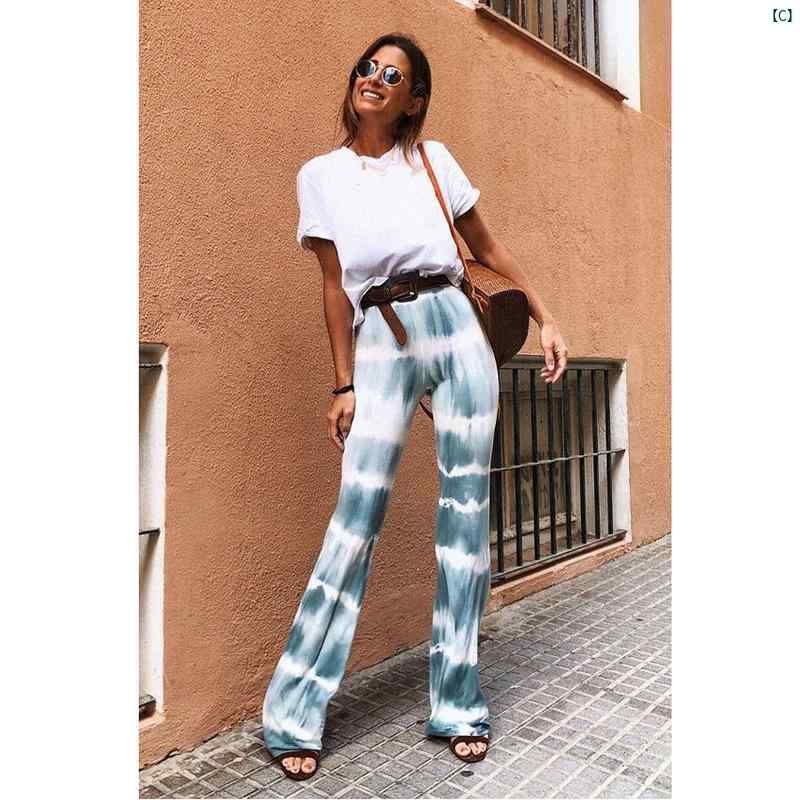 レディースファッション　かわいい　オシャレ　海外 ミッド ライズ カジュアル プリント フレアパンツ カジュアル