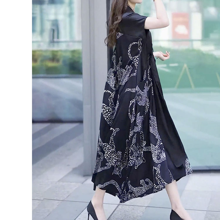 大きいサイズ レディース ワンピース ヒョウ柄切替えデザインワンピース ワンピ ロングワンピース ヒョウ柄 アート デザイン 切替え フレンチスリーブ 半袖 カシュクール Vネック 韓国 韓国ファッシ