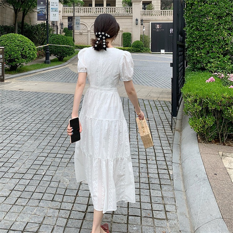 ワンピース レディース フレアワンピース S M L XL 韓国 ティアード 総レース ロング丈 半袖 Vネック レース フリル Aライン かわいい 大人可愛い こなれ感 ラフ フェミニン お洒落