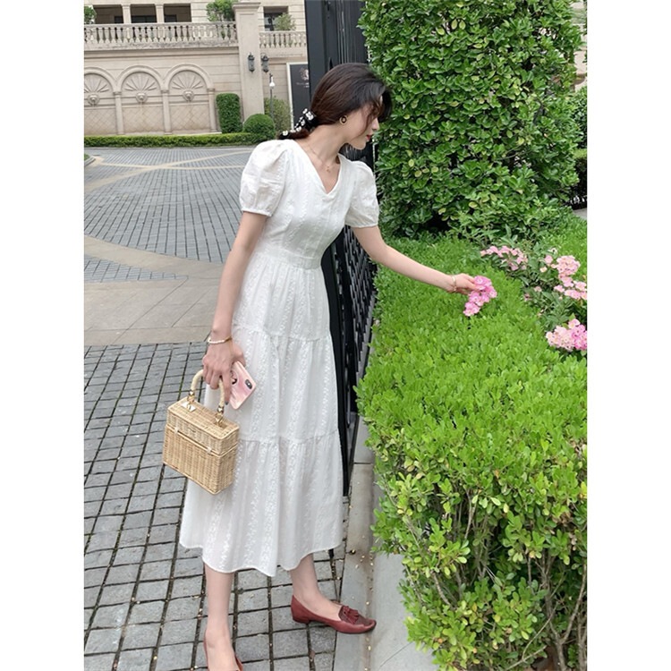 ワンピース レディース フレアワンピース S M L XL 韓国 ティアード 総レース ロング丈 半袖 Vネック レース フリル Aライン かわいい 大人可愛い こなれ感 ラフ フェミニン お洒落