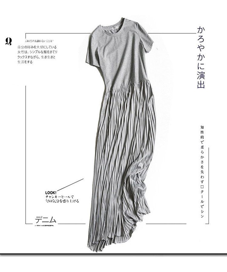 ワンピース 2024新作 夏物 半袖 薄手スカート プリーツ 着痩せ