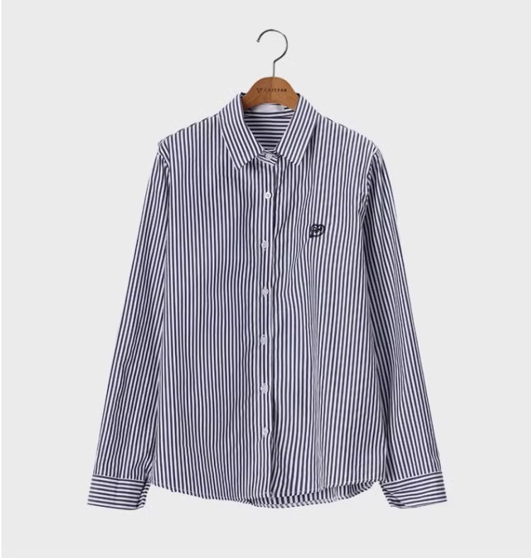 ストライプ柄シャツ オフィスカジュアル ワンポイント トップス Tシャツ シャツ ブラウス ロング ロング丈 袖あり 長袖 Vネック 襟付き ストレート Iライン ストライプ柄シャツ オフィスカジュアル ワンポイント トップス