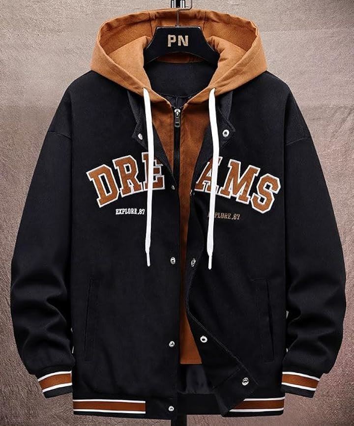 フード付き ジャンパー ストリート系 重ね着風 おしゃれアウター メンズ カッコイイ ジャケット ブラック(アイボリーブラック, XL) フード付き ジャンパー ストリート系 重ね着風 おしゃれアウター メンズ カッコイイ ジャケット ブラック(アイボリーブラック, XL)