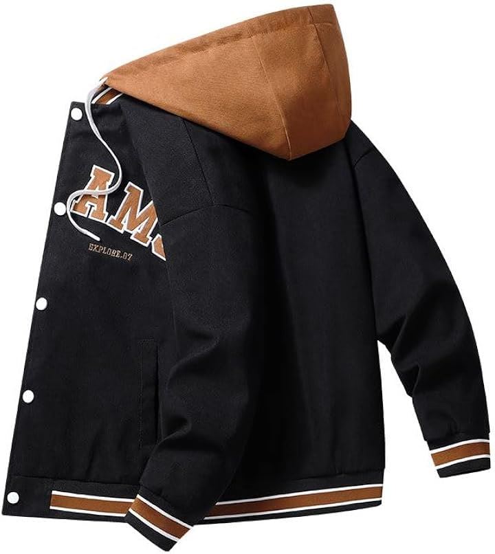 フード付き ジャンパー ストリート系 重ね着風 おしゃれアウター メンズ カッコイイ ジャケット ブラック(アイボリーブラック, XL) フード付き ジャンパー ストリート系 重ね着風 おしゃれアウター メンズ カッコイイ ジャケット ブラック(アイボリーブラック, XL)