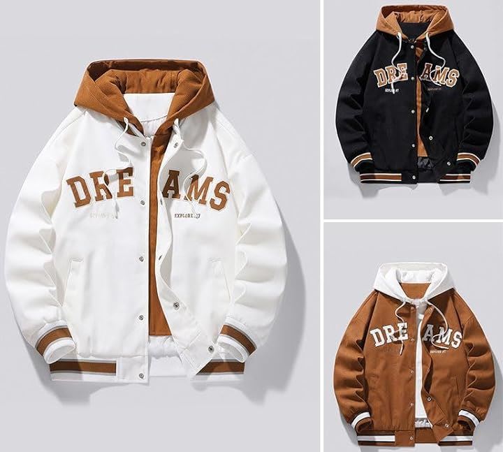 フード付き ジャンパー ストリート系 重ね着風 おしゃれアウター メンズ カッコイイ ジャケット ブラック(アイボリーブラック, XL) フード付き ジャンパー ストリート系 重ね着風 おしゃれアウター メンズ カッコイイ ジャケット ブラック(アイボリーブラック, XL)