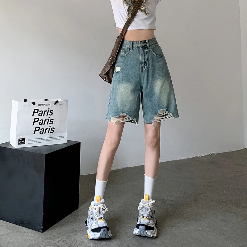 2024年夏 5セントデニムショートパンツ レディース ハイウエストストレート ノスタルジックブルー 5セントミッドパンツ カジュアル万能レザーブランド 2024年夏 5セントデニムショートパンツ レディース ハイウエストストレート ノスタルジックブルー 5セントミッドパンツ カジュアル万能レザーブランド