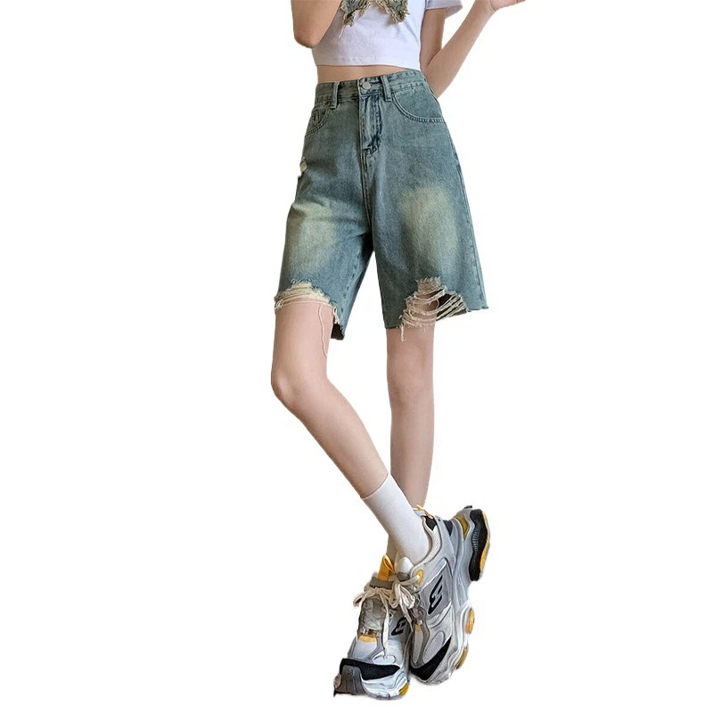 2024年夏 5セントデニムショートパンツ レディース ハイウエストストレート ノスタルジックブルー 5セントミッドパンツ カジュアル万能レザーブランド 2024年夏 5セントデニムショートパンツ レディース ハイウエストストレート ノスタルジックブルー 5セントミッドパンツ カジュアル万能レザーブランド