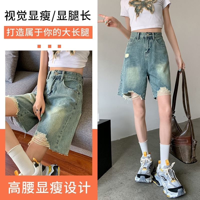 2024年夏 5セントデニムショートパンツ レディース ハイウエストストレート ノスタルジックブルー 5セントミッドパンツ カジュアル万能レザーブランド 2024年夏 5セントデニムショートパンツ レディース ハイウエストストレート ノスタルジックブルー 5セントミッドパンツ カジュアル万能レザーブランド