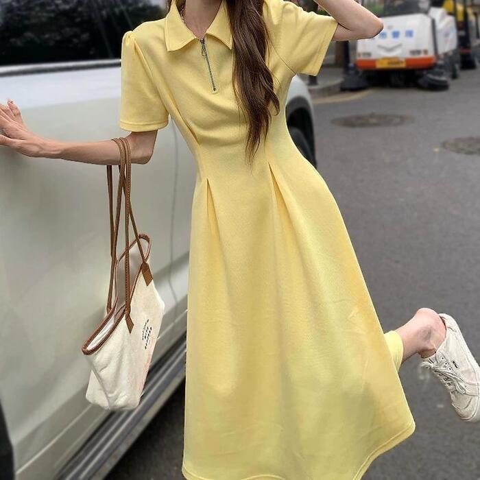 ワンピース 袖あり ハーフジップ ポロワンピ レディース きれいめ カジュアル おしゃれ 半袖 大人 可愛い フェミニン ハイウエスト ウエストタック ミモレ丈 体型カバー シンプル イエロー ブラッ