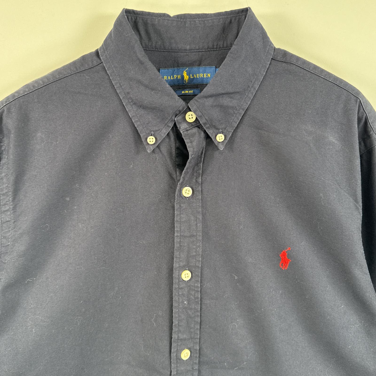 古着 長袖シャツ ボタンダウンシャツ ワンポイント 刺繍 L ネイビー 無地 メンズ