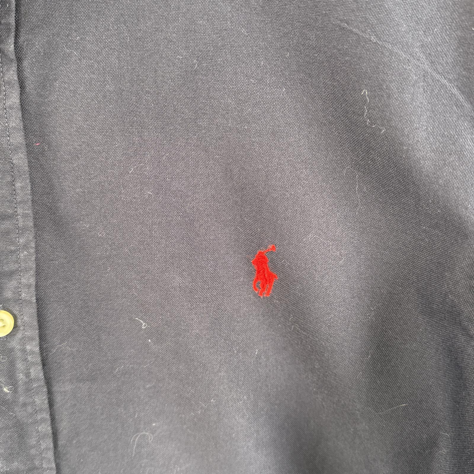 古着 長袖シャツ ボタンダウンシャツ ワンポイント 刺繍 L ネイビー 無地 メンズ