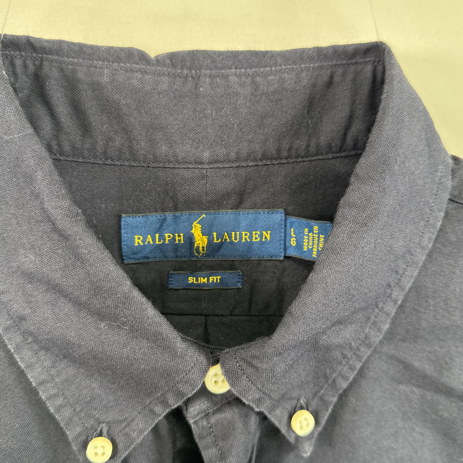 古着 長袖シャツ ボタンダウンシャツ ワンポイント 刺繍 L ネイビー 無地 メンズ