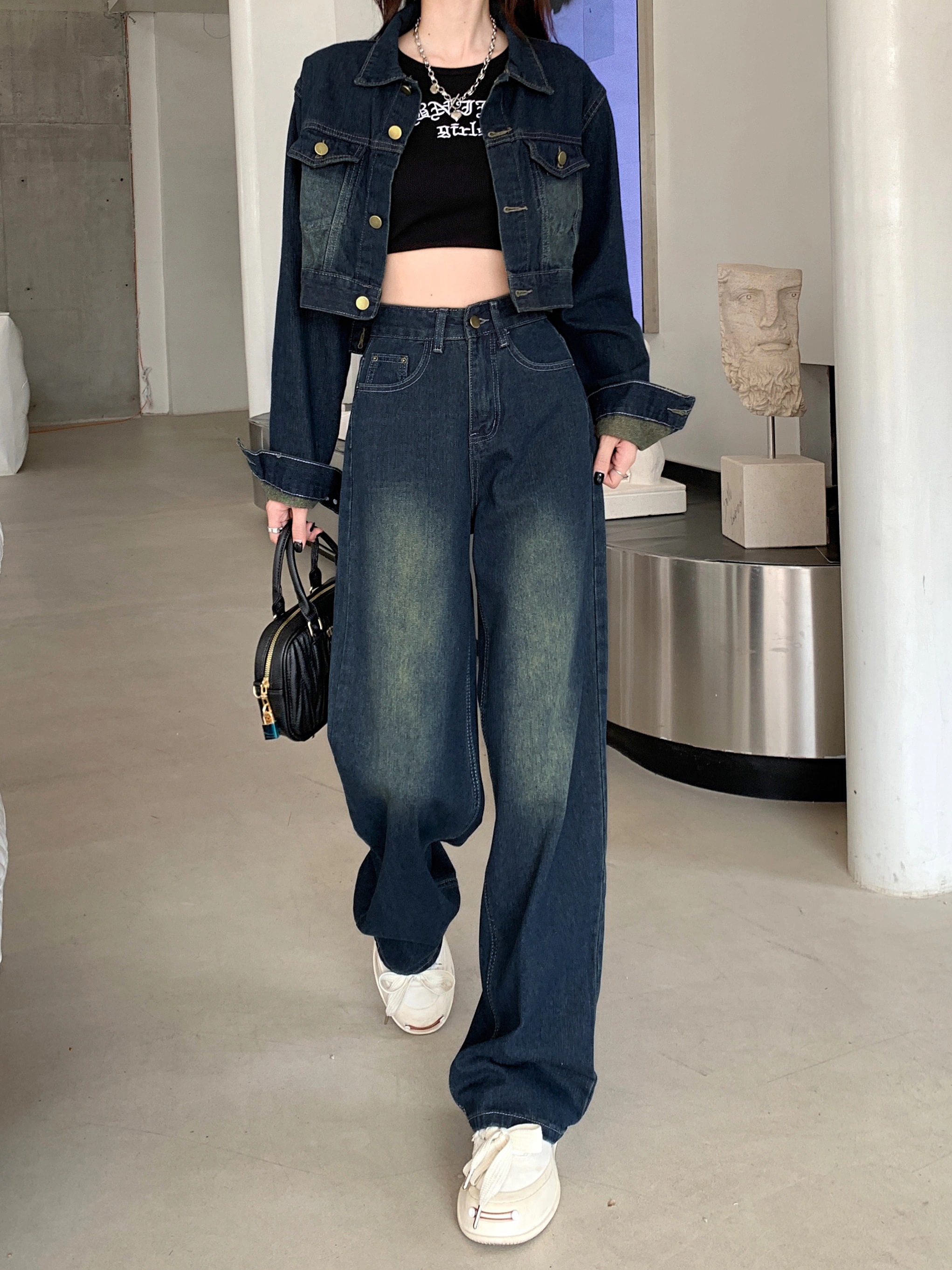 ハイウエスト カジュアル 上下セット 学生 ウォッシュ加工 羽織り アウター ストレート パンツ ワイド ショート ジーパン ジーンズ セットアップ デニムパンツ デニムジャケット