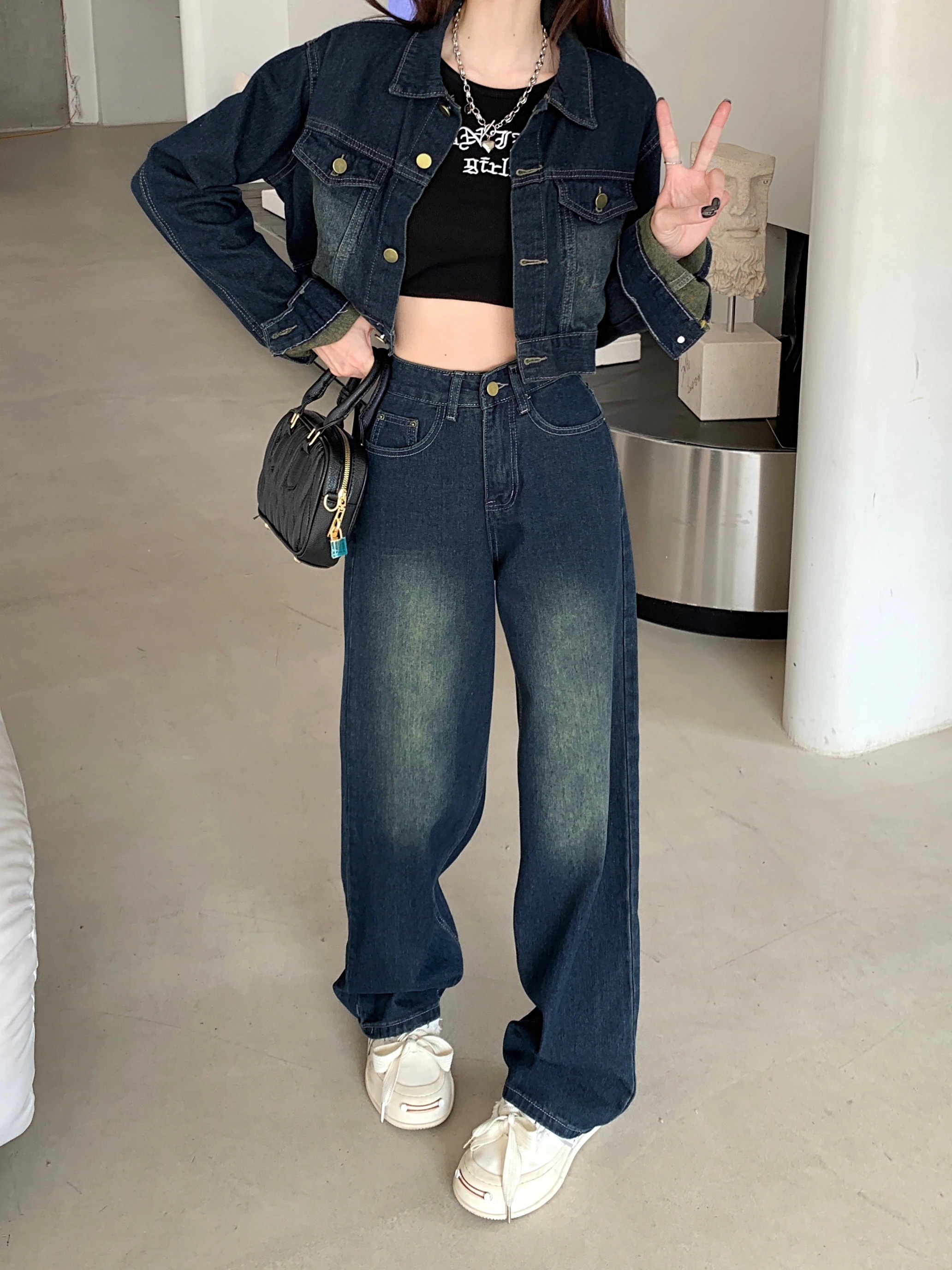 ハイウエスト カジュアル 上下セット 学生 ウォッシュ加工 羽織り アウター ストレート パンツ ワイド ショート ジーパン ジーンズ セットアップ デニムパンツ デニムジャケット