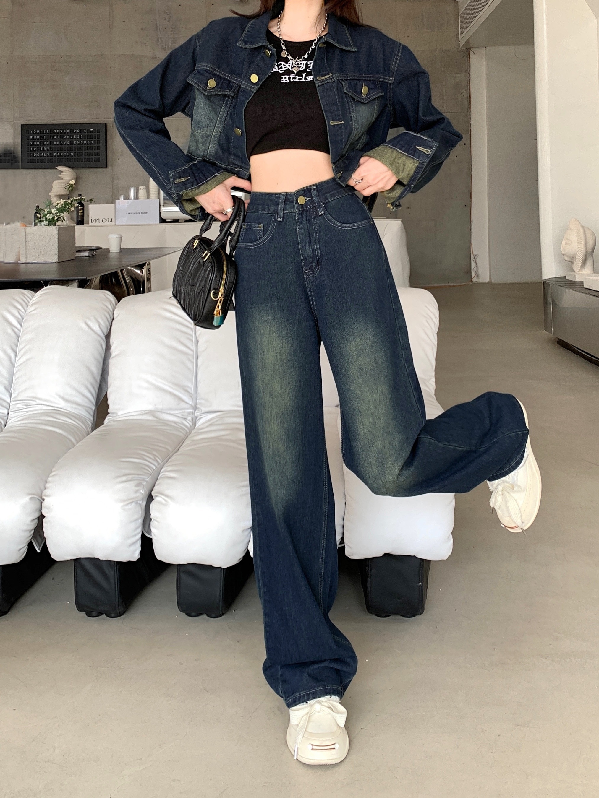 ハイウエスト カジュアル 上下セット 学生 ウォッシュ加工 羽織り アウター ストレート パンツ ワイド ショート ジーパン ジーンズ セットアップ デニムパンツ デニムジャケット